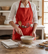 Load image into Gallery viewer, Red Linen Loose Smock Apron with Pockets 42” x 38”