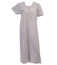 Load image into Gallery viewer, Ladies Button Through Seersucker Nightie with Floral Lace Detail (Blue or Pink)