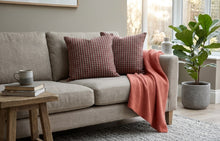 Load image into Gallery viewer, Coral &amp; Grey Check Cushion Cover Pair 17” x 17”