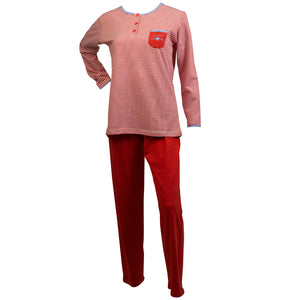 Ladies Striped Long Sleeved Pyjamas with Polka Dot Trim Small (Red)