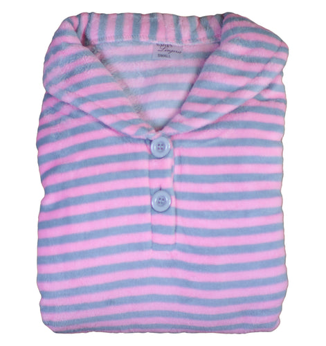 Ladies Fleecy Pyjamas - Long Sleeved Striped Top & Plain Bottoms Pink Small