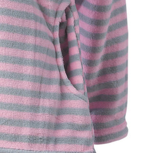 Ladies Fleecy Pyjamas - Long Sleeved Striped Top & Plain Bottoms Pink Small