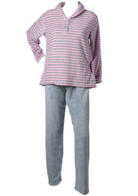 Load image into Gallery viewer, Ladies Fleecy Pyjamas - Long Sleeved Striped Top &amp; Plain Bottoms Pink Small