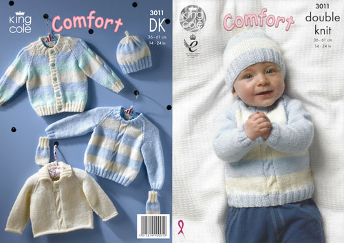 King Cole DK Knitting Pattern - Baby Cardigan Sweater Hat & Mittens (3011)
