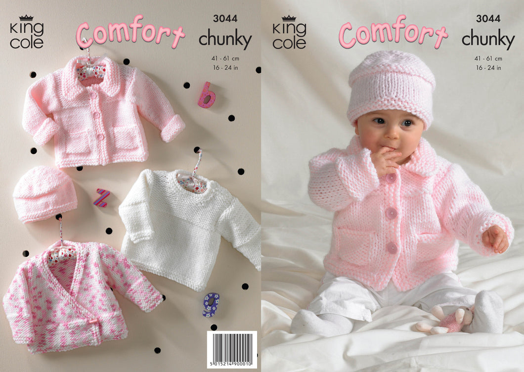 King Cole Comfort Chunky Knitting Pattern - 3044 Jacket Sweater Cardigan & Hat