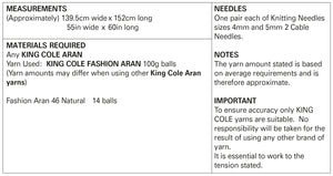 King Cole Aran Knitting Pattern - Afghan Throw (3458)