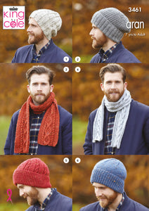 King Cole Aran Knitting Pattern - Mens Hats & Scarves (3461)