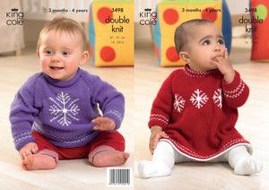 King Cole Double Knit Knitting Pattern - Baby Christmas Sweater & Dress (3498)