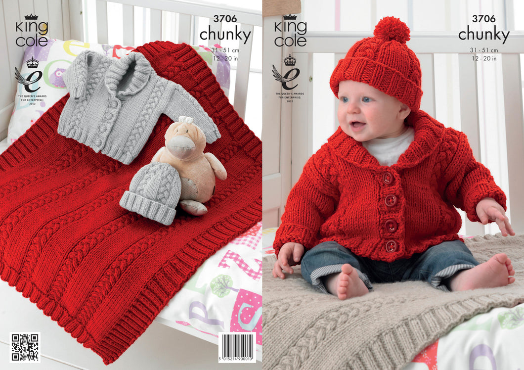 King Cole Chunky Knitting Pattern - Baby Jacket Blanket & Hat (3706)