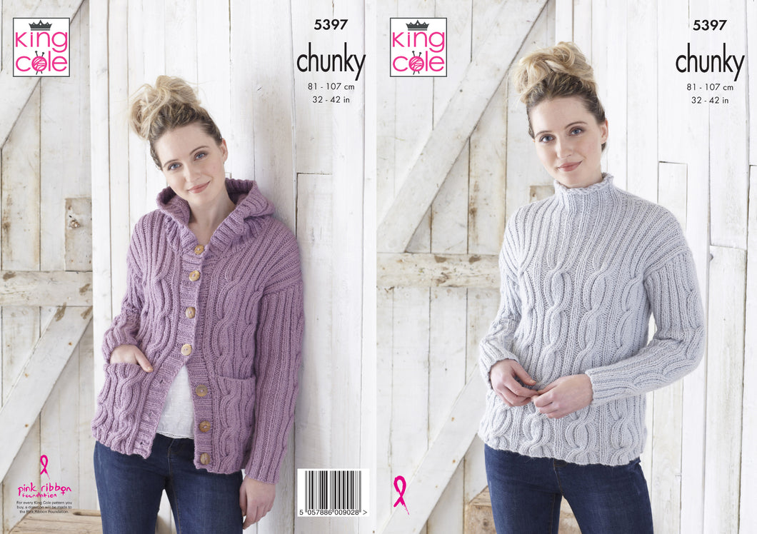 King Cole Chunky Knitting Pattern - Ladies Hoodie & Sweater (5397)