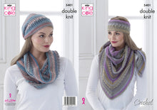 Load image into Gallery viewer, King Cole Double Knit Crochet Pattern - Ladies Shawl Cowl Hat &amp; Headband (5401)