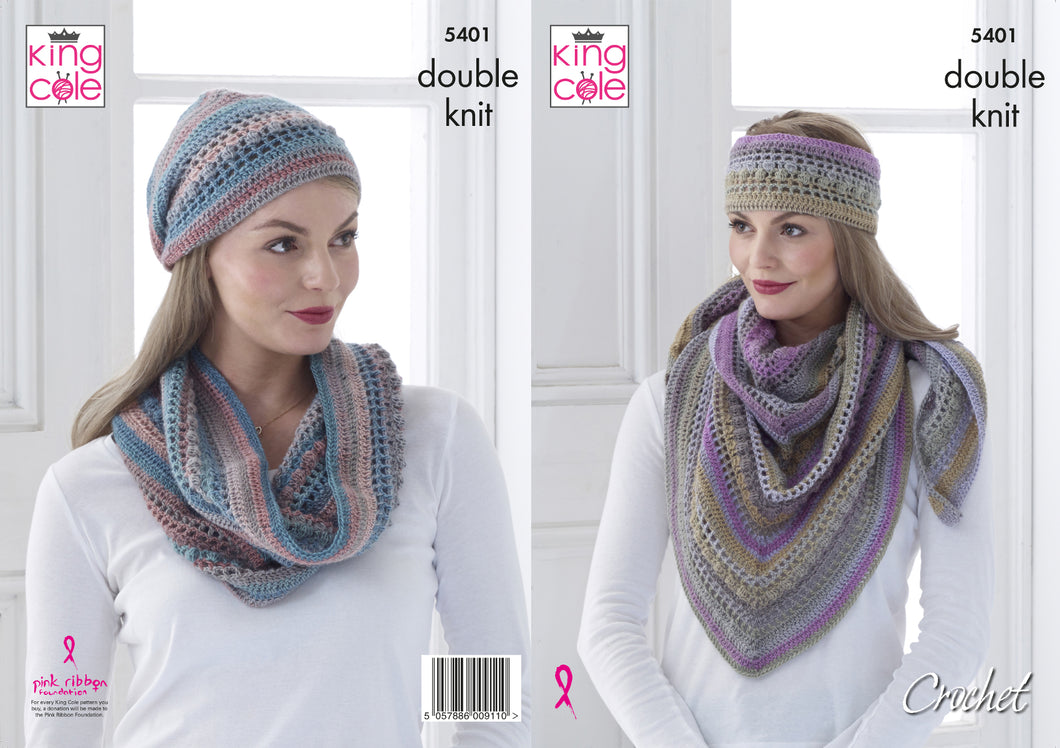 King Cole Double Knit Crochet Pattern - Ladies Shawl Cowl Hat & Headband (5401)
