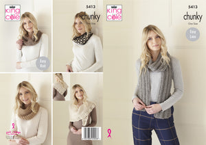 King Cole Chunky Knitting Pattern - Ladies Wrap Snoods & Scarf (5413)