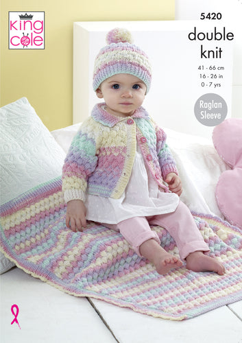 King Cole Double Knitting Pattern - Baby Cardigan Hat & Blanket (5420)