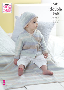 King Cole Double Knitting Pattern - Baby Cardigan Hat & Blanket (5421)