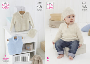 King Cole 4ply Knitting Pattern - Baby Sweater Slipover & Hat (5441)