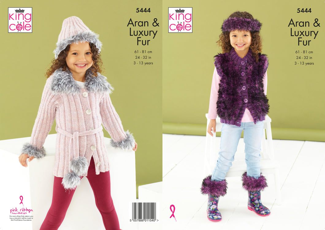 King Cole Aran Knitting Pattern - Girls Jacket Gilet & Accessories (5444)