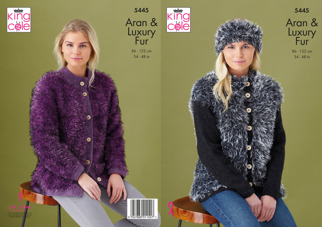 King Cole Aran Knitting Pattern - Ladies Jacket & Headband (5445)