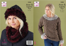 Load image into Gallery viewer, King Cole Aran Knitting Pattern - Ladies Sweater Cowl &amp; Hat (5446)