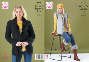King Cole Aran Knitting Pattern - Ladies Jacket Gilet & Boot Toppers (5448)