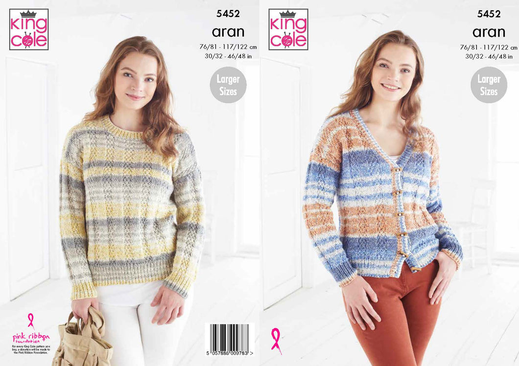 King Cole Aran Knitting Pattern - Ladies Sweater & Cardigan (5452)