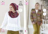 King Cole Super Chunky Knitting Pattern - Ladies Cardigan Hat & Cowl (5457)
