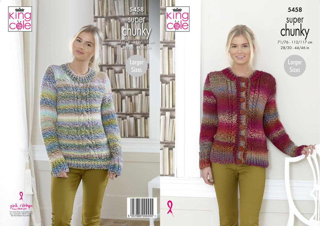 King Cole Super Chunky Knitting Pattern - Ladies Sweater & Cardigan (5458)