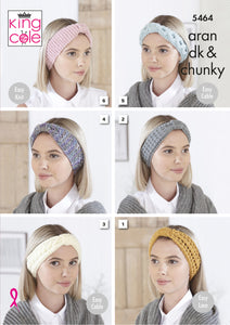 King Cole Aran Chunky & DK Knitting Pattern - Ladies Headbands (5464)