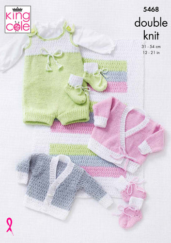 King Cole DK Knitting Pattern - Baby Romper Cardigans Bootees & Blanket (5468)