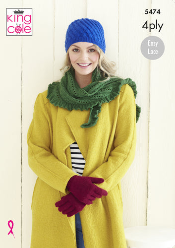 King Cole 4ply Knitting Pattern - Ladies Wrap Gloves & Hat (5474)