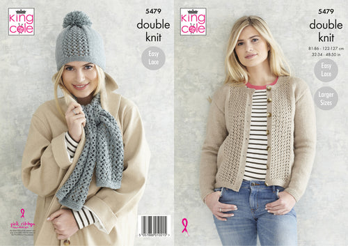 King Cole Double Knitting Pattern - Ladies Cardigan Scarf & Hat (5479)