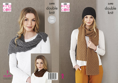 King Cole Double Knitting Pattern - Ladies Wrap Snood Hat & Scarf (5490)