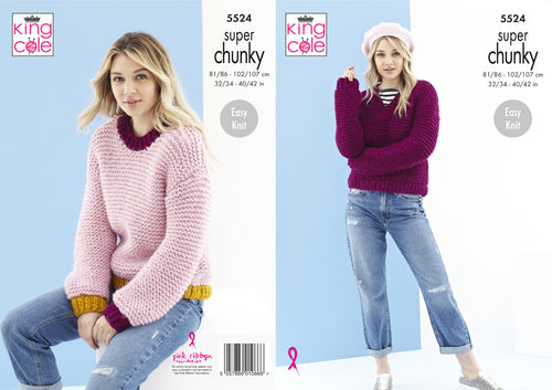 King Cole Super Chunky Knitting Pattern - Ladies Sweaters (5524)