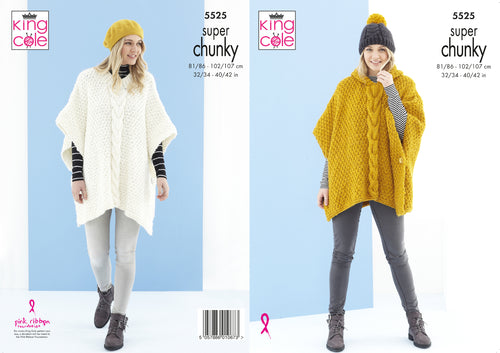 King Cole Super Chunky Knitting Pattern - Ladies Ponchos & Hat (5525)