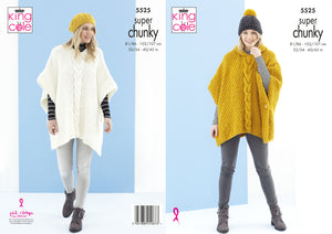 King Cole Super Chunky Knitting Pattern - Ladies Ponchos & Hat (5525)
