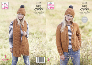 King Cole Super Chunky Knitting Pattern - Ladies Cardigan Scarf & Hat (5554)