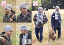 Load image into Gallery viewer, King Cole Aran Knitting Pattern - Mens Hats &amp; Scarves (5558)