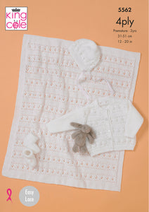 King Cole 4ply Knitting Pattern - Baby Cardigan Bonnet Bootees & Blanket (5562)