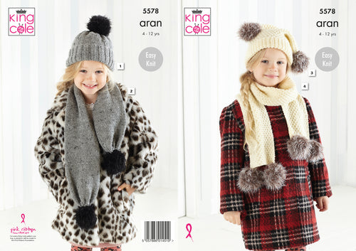 King Cole Aran Knitting Pattern - Childrens Hats & Scarves (5578)