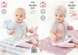 King Cole Double Knitting Pattern - Baby Coat Cardigan Blanket & Hat (5588)