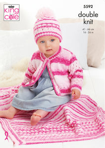King Cole Double Knitting Pattern - Baby Cardigan Hat & Blanket (5592)