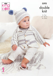 King Cole Double Knitting Pattern - Baby Cardigan Hat & Blanket (5593)