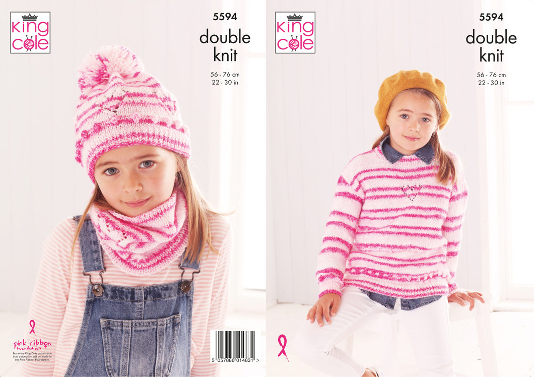 King Cole Double Knitting Pattern - Girls Sweater Snood & Hat (5594)