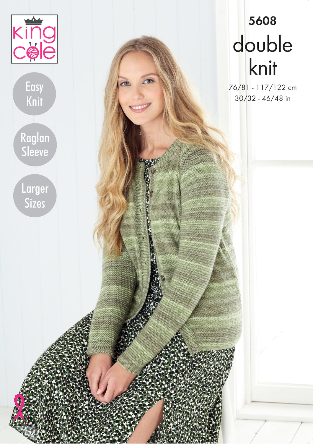 King Cole Double Knit Knitting Pattern - Ladies Sweater & Cardigan (5608)