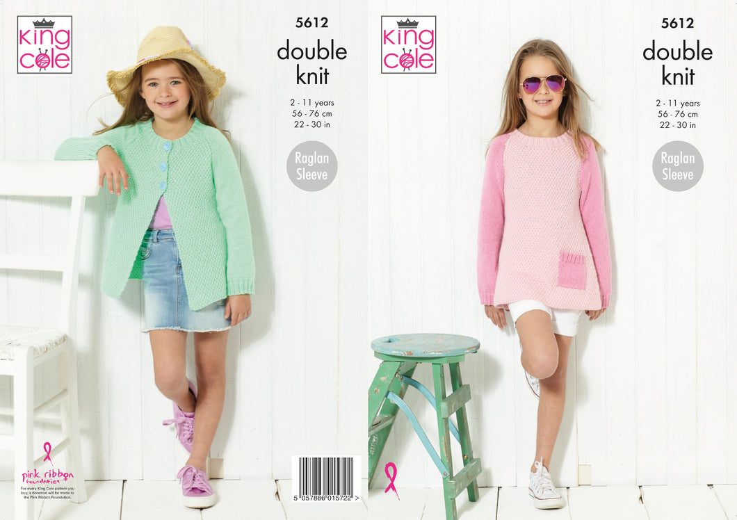 King Cole Double Knitting Pattern - Girls Cardigan & Sweater (5612)