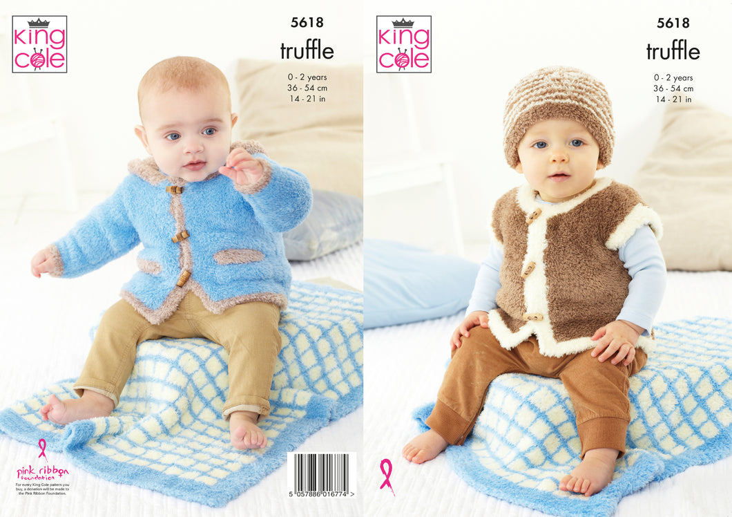 King Cole Truffle Knitting Pattern - Baby Jacket Gilet Hat & Pram Blanket (5618)