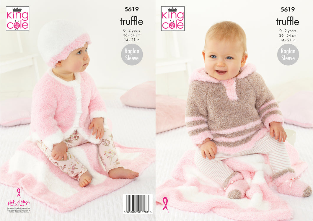 King Cole Truffle Knitting Pattern - Baby Cardigan Top & Accessories (5619)