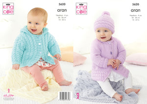 King Cole Aran Knitting Pattern - Baby Jackets Hat & Pram Blanket (5620)