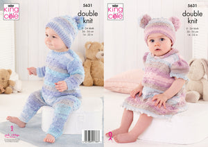 King Cole Double Knitting Pattern - Baby Dress All in One & Hats (5631)