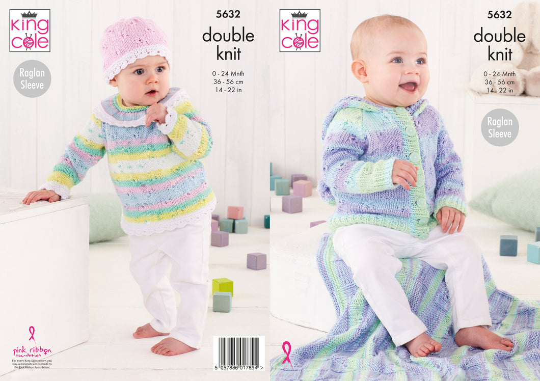 King Cole Double Knitting Pattern - Baby Hoodie Top Blanket & Hat (5632)
